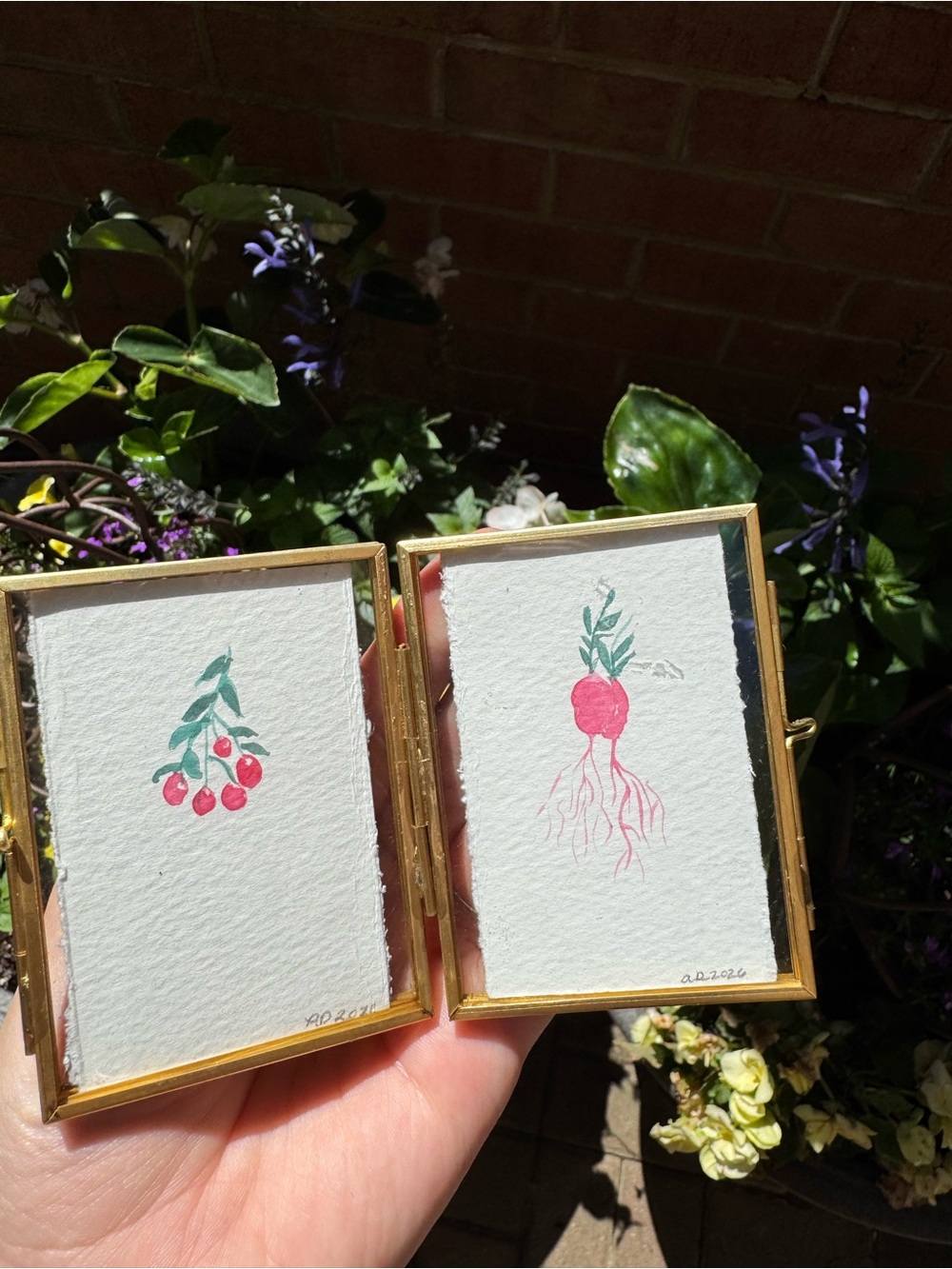 Hand-Painted Farmer Market Produce Miniatures in Gold Frame - Red & Green